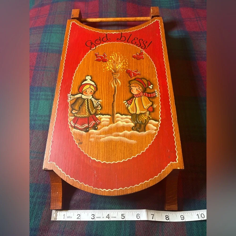 Vintage Wooden Holiday Folk Art Sled Decor